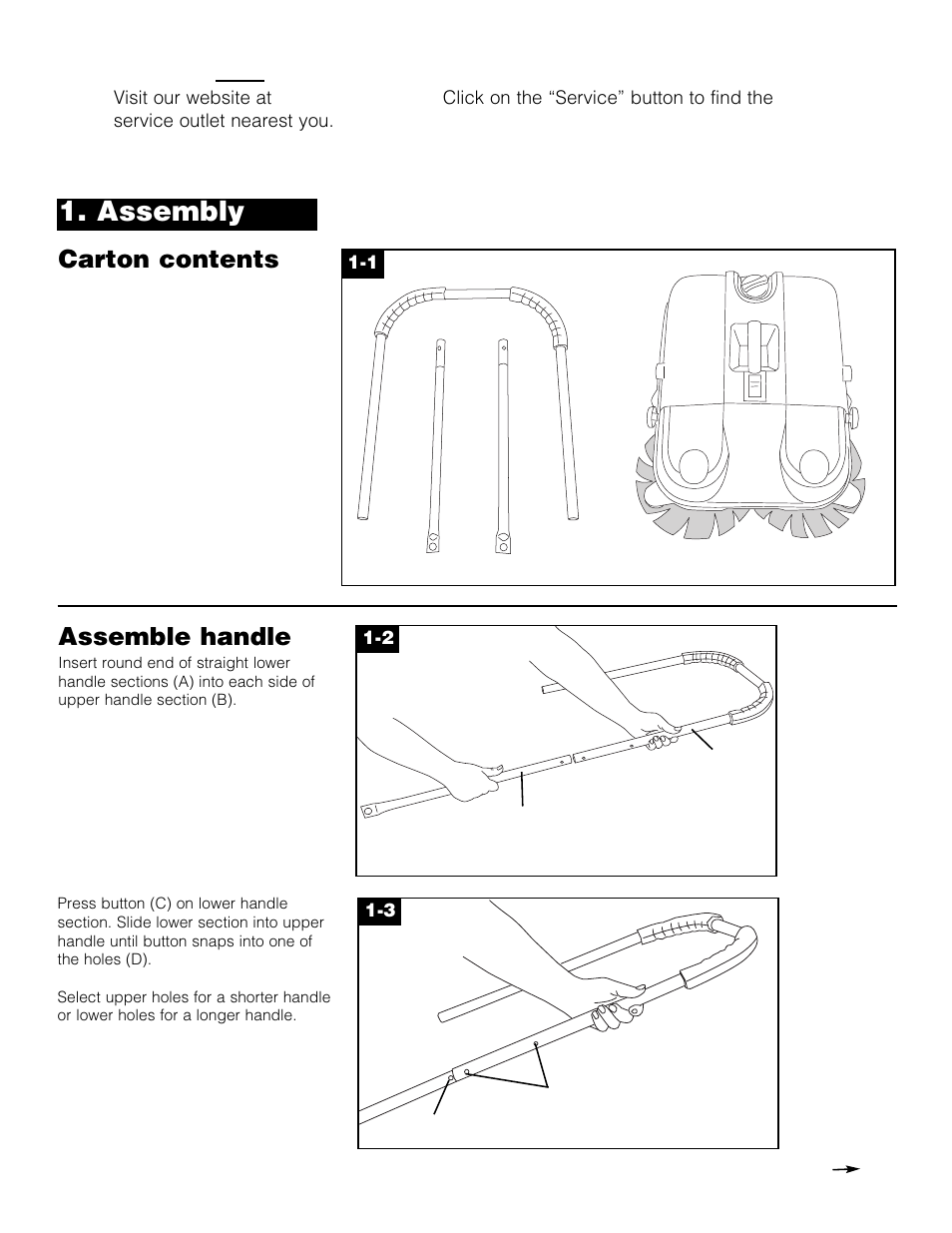 Assembly if you need any assistance, Carton contents, Assemble handle | Please do not return this product to the store | Hoover Outdoor Sweeper User Manual | Page 3 / 8