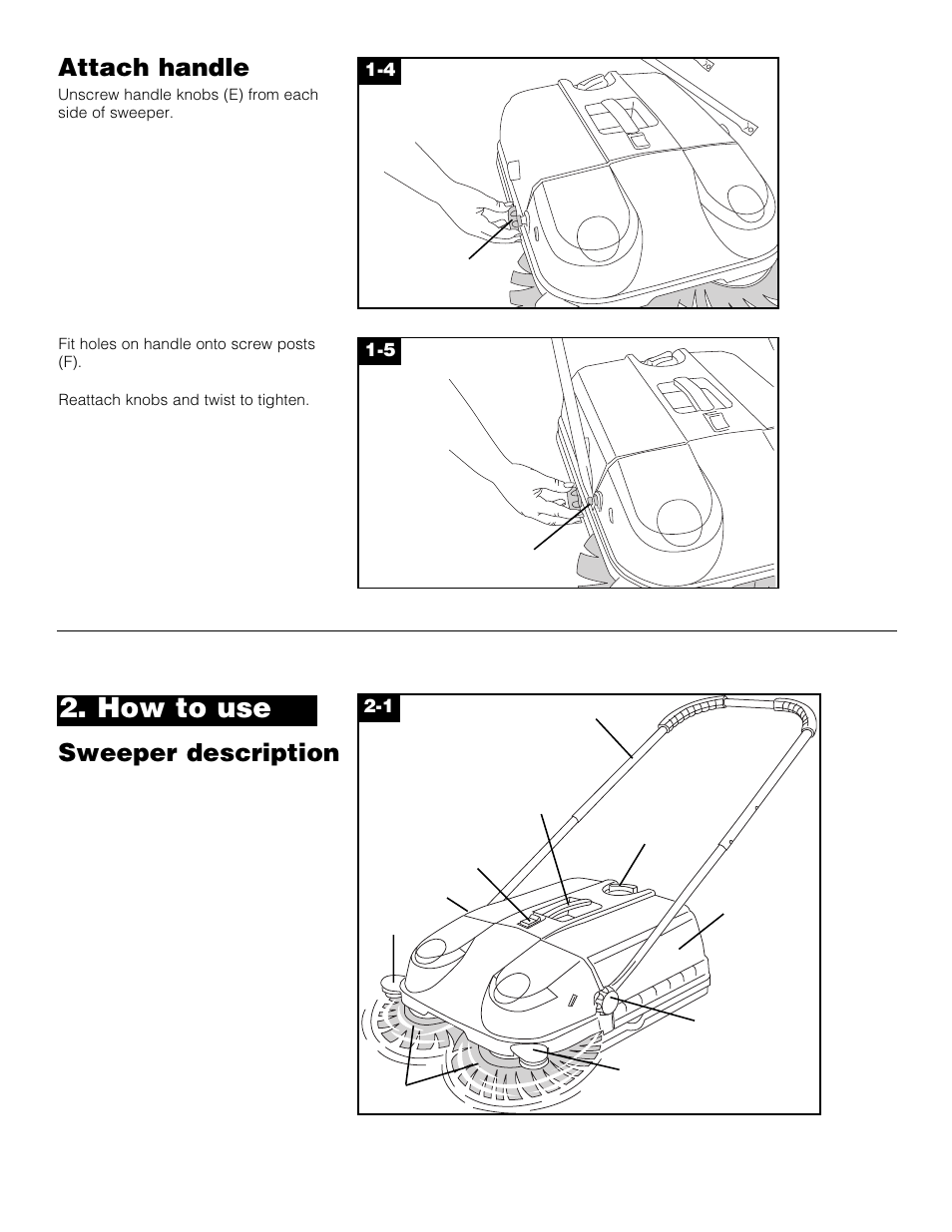 How to use, Attach handle, Sweeper description | Hoover Outdoor Sweeper User Manual | Page 4 / 8