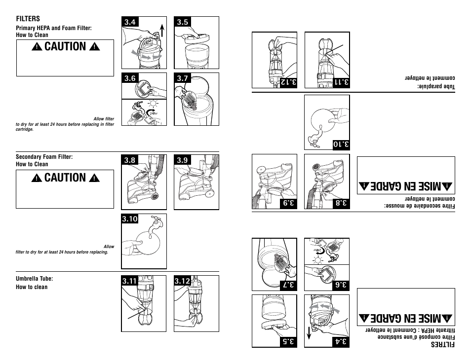 Caution, Mise en garde, Filters | Fil tres | Hoover #960009657 User Manual | Page 10 / 22