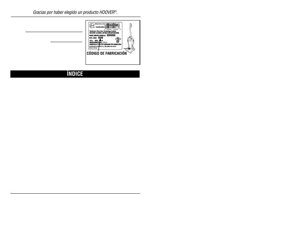 Índice, Gracias por haber elegido un producto hoover | Hoover #960009657 User Manual | Page 16 / 22