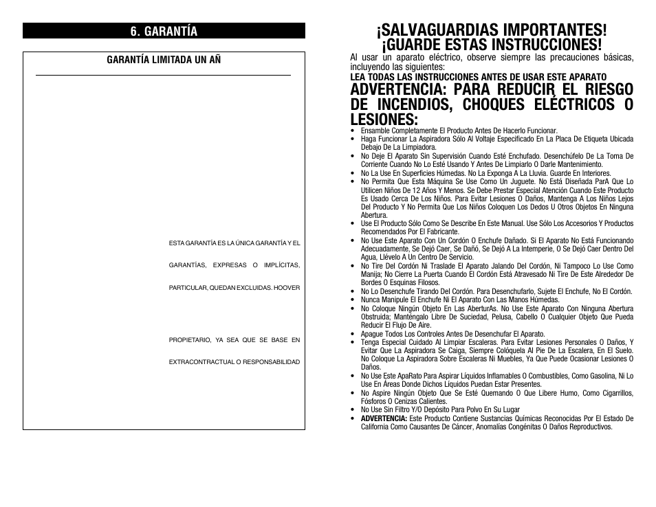 Salvaguardias importantes, Guarde estas instrucciones, Garantía | Hoover #960009657 User Manual | Page 17 / 22