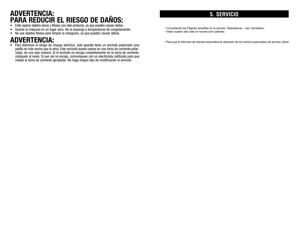 Advertencia: para reducir el riesgo de daños, Advertencia, Servicio | Hoover #960009657 User Manual | Page 18 / 22