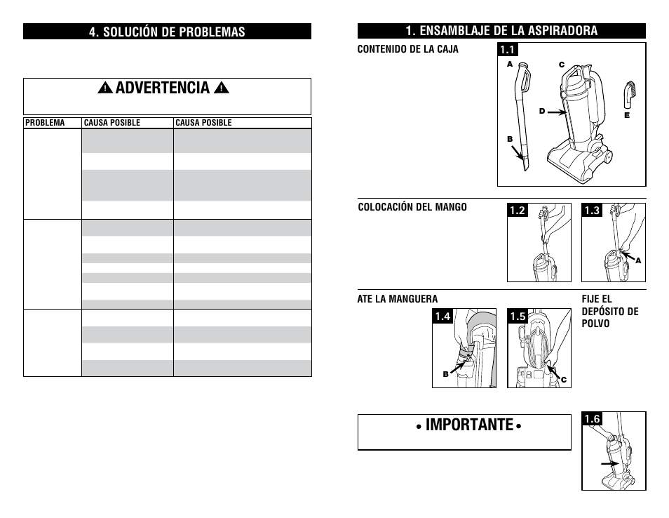 Importante, Advertencia, Ensamblaje de la aspiradora | Solución de problemas | Hoover #960009657 User Manual | Page 19 / 22