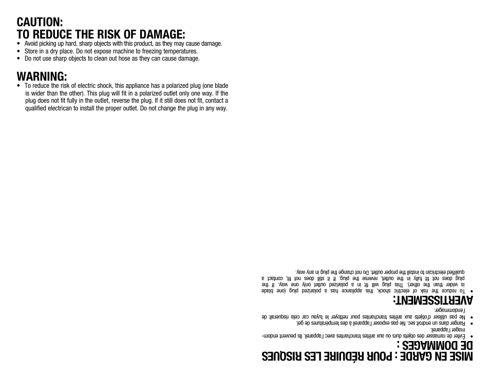 Caution: to reduce the risk of damage, Warning, Avertissement | Hoover #960009657 User Manual | Page 4 / 22