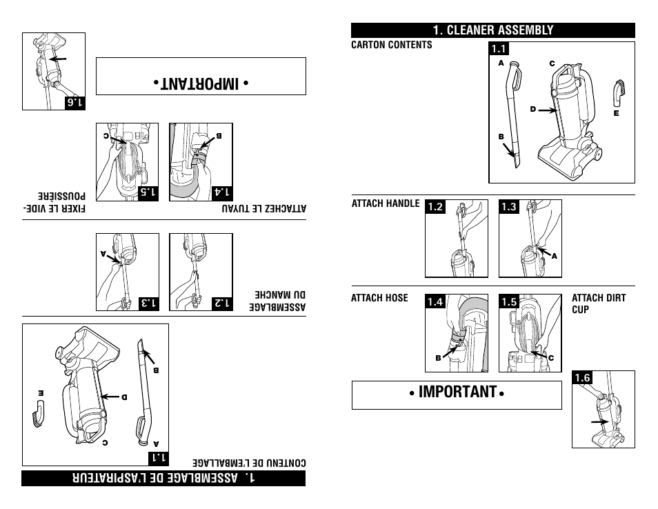 Important, Cleaner assembly, A ssem blag e de l’aspira teur | Attach hose, Attach handle, Carton contents, Attach dirt cup, Co ntenu de l’e mballa ge, Att achez le tu yau, Asse mbla ge du m anche | Hoover #960009657 User Manual | Page 5 / 22