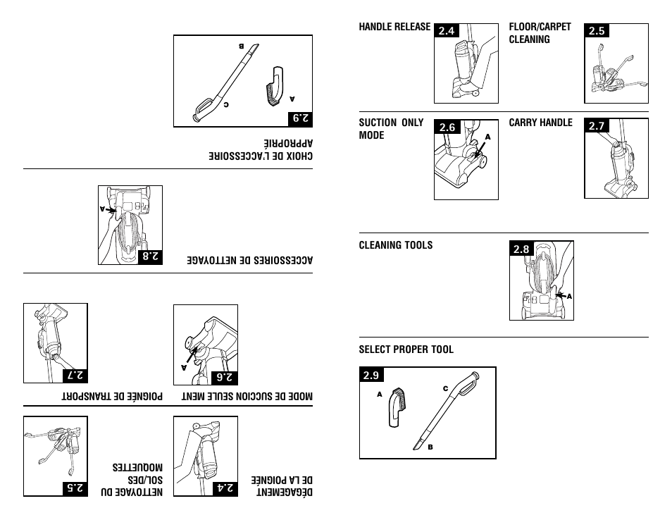 Handle release, Floor/carpet cleaning, Carry handle | Suction only mode, Cleaning tools, Select proper tool, Dég age ment de la po ign ée, Nettoy age du sol /de s moquettes, Poi gné e de transp ort, Mode de su ccio n seule m ent | Hoover #960009657 User Manual | Page 7 / 22