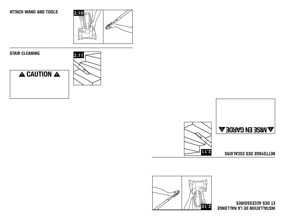 Caution, Mise en garde, Attach wand and tools | Stair cleaning, Nett oyag e des escaliers | Hoover #960009657 User Manual | Page 8 / 22