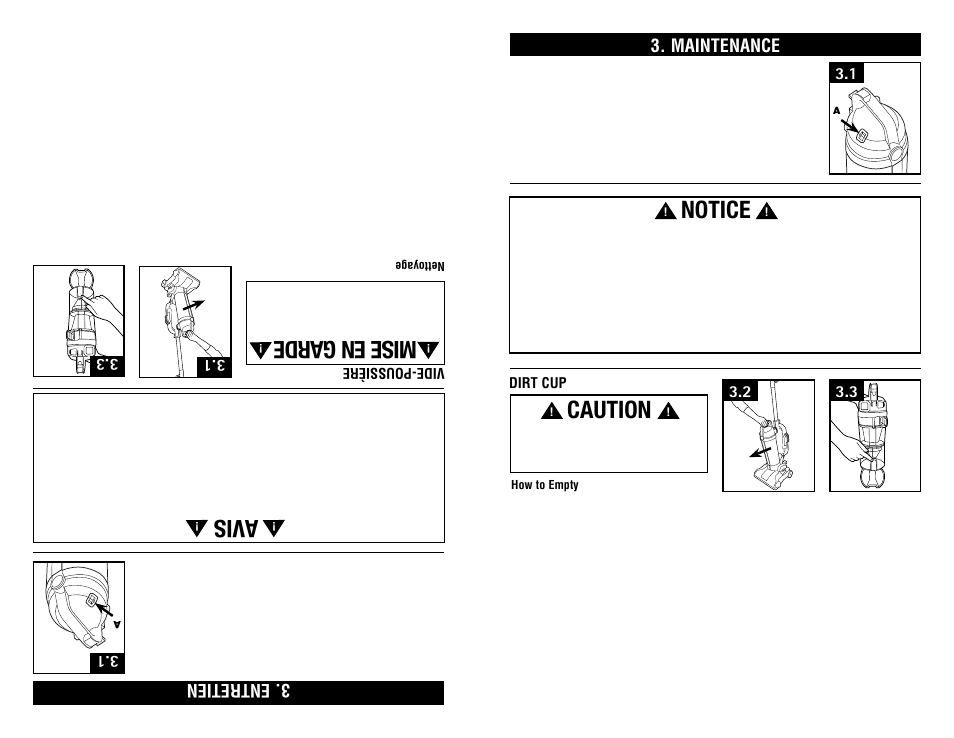 Caution, Notice, Avis | Mise en garde, Maintenance, Entretien, Dirt cup, Vide-po ussière | Hoover #960009657 User Manual | Page 9 / 22