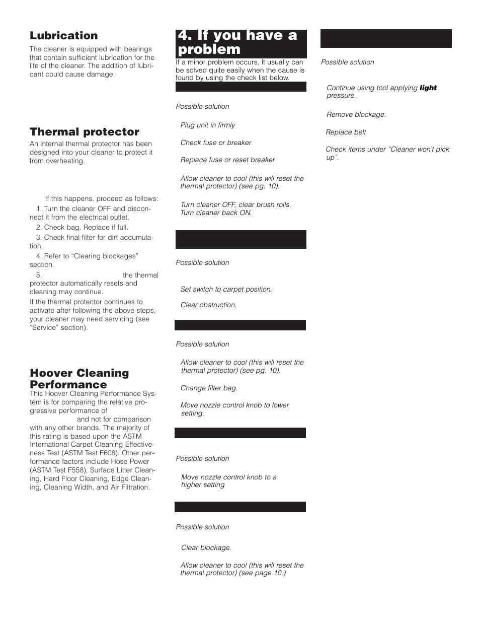 If you have a problem, Lubrication, Thermal protector | Hoover cleaning performance | Hoover 4600 User Manual | Page 10 / 12