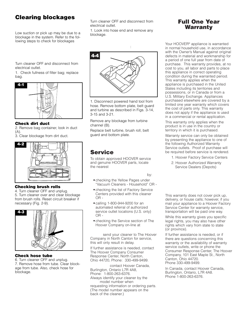 Service, Full one year warranty (domestic use), Clearing blockages | Hoover 4600 User Manual | Page 11 / 12