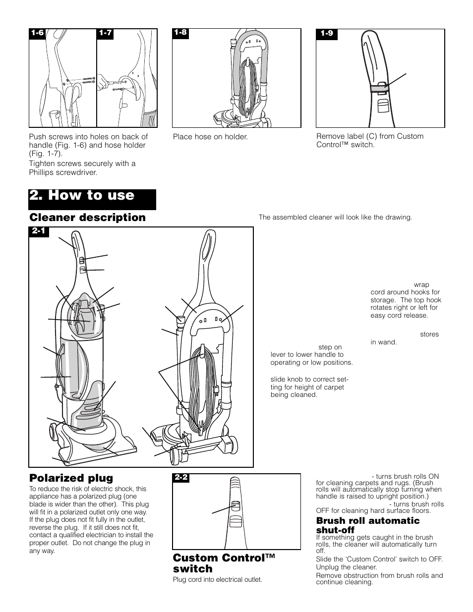 How to use, Cleaner description, Polarized plug | Custom control™ switch | Hoover 4600 User Manual | Page 4 / 12