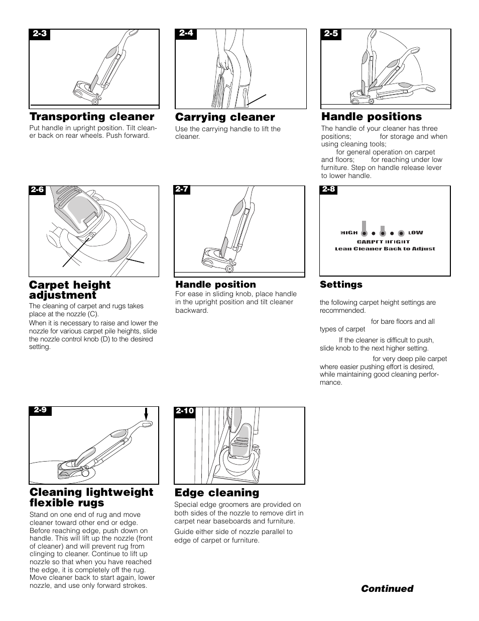 Carrying cleaner, Handle positions, Transporting cleaner | Carpet height adjustment, Cleaning lightweight flexible rugs, Edge cleaning | Hoover 4600 User Manual | Page 5 / 12