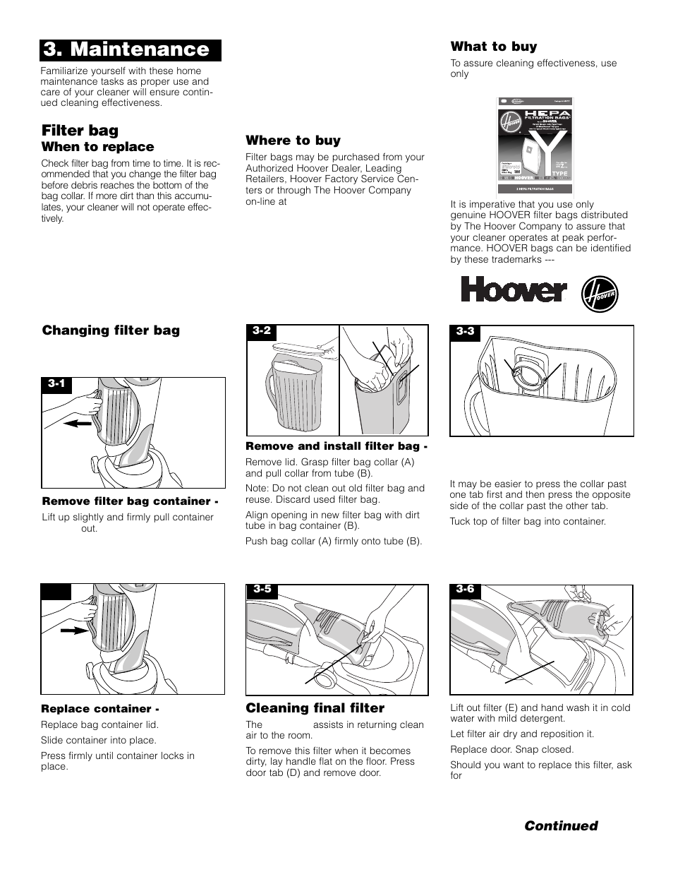 Maintenance, Filter bag | Hoover 4600 User Manual | Page 7 / 12