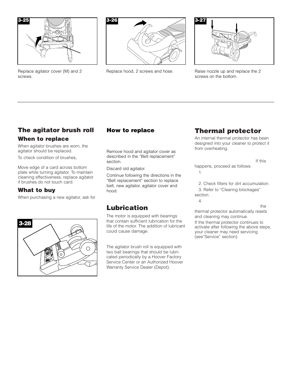 Lubrication, Thermal protector, The agitator brush roll | Hoover FoldAwayTM Upright User Manual | Page 10 / 14