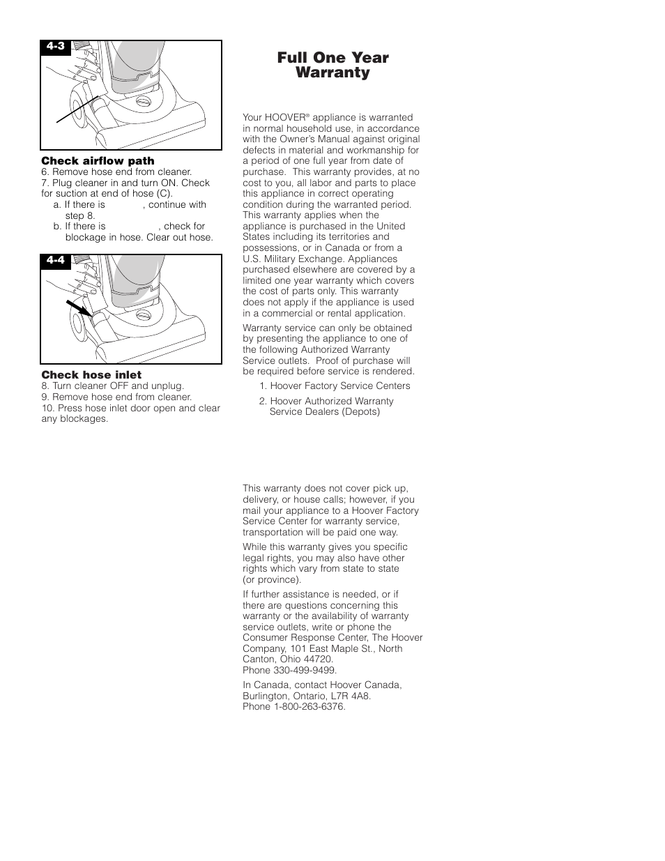 Full one year warranty (domestic use) | Hoover FoldAwayTM Upright User Manual | Page 12 / 14