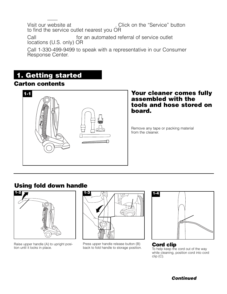 Getting started, If you need any assistance, Using fold down handle | Hoover FoldAwayTM Upright User Manual | Page 3 / 14