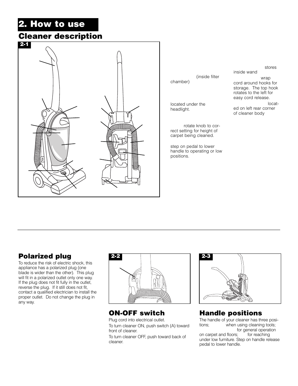 How to use, Cleaner description, Polarized plug | On-off switch, Handle positions | Hoover FoldAwayTM Upright User Manual | Page 4 / 14