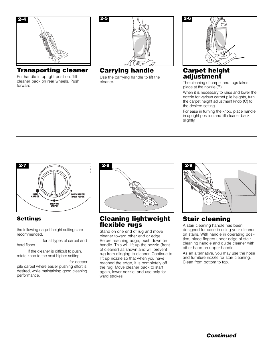 Carrying handle, Transporting cleaner, Cleaning lightweight flexible rugs | Carpet height adjustment, Stair cleaning | Hoover FoldAwayTM Upright User Manual | Page 5 / 14