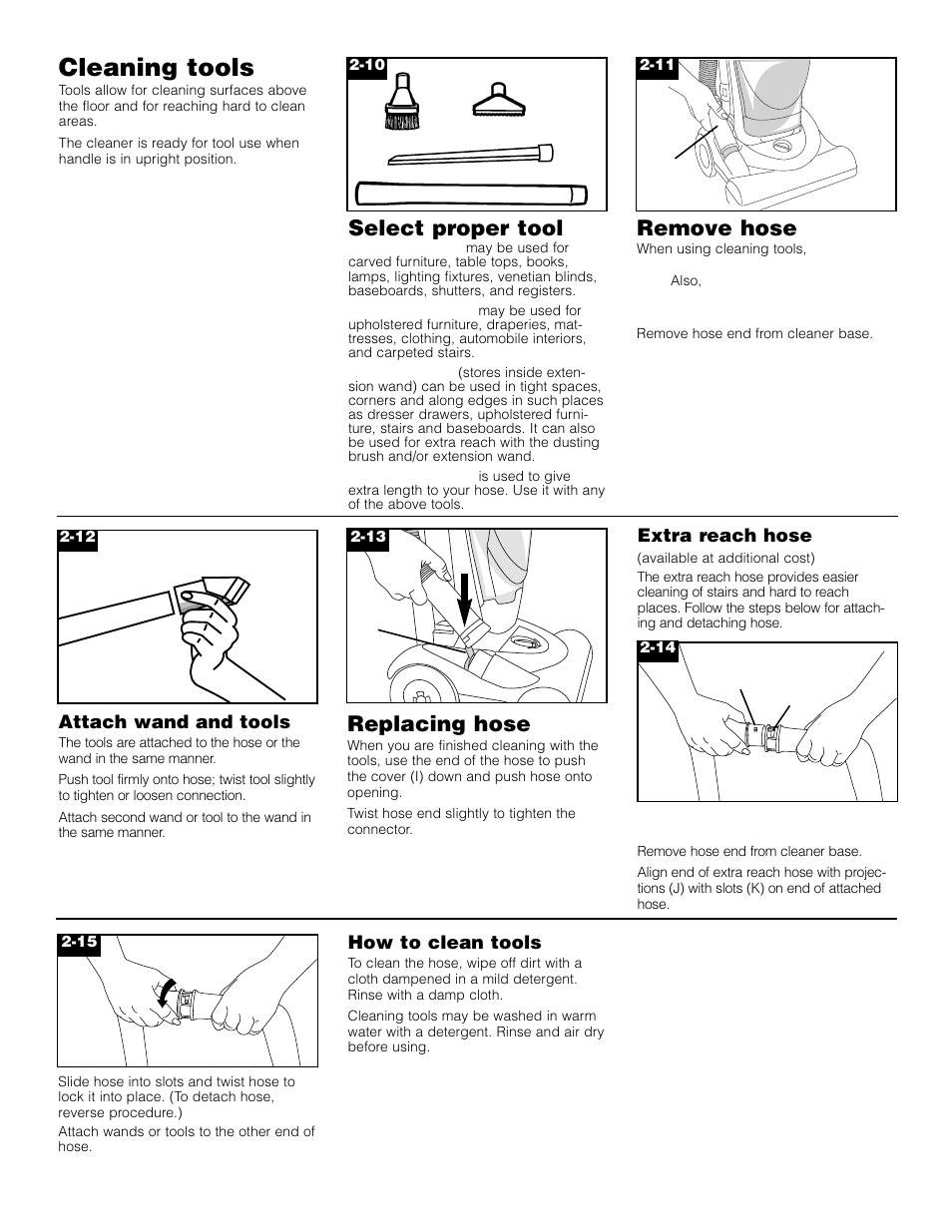 Cleaning tools, Select proper tool, Remove hose | Replacing hose | Hoover FoldAwayTM Upright User Manual | Page 6 / 14