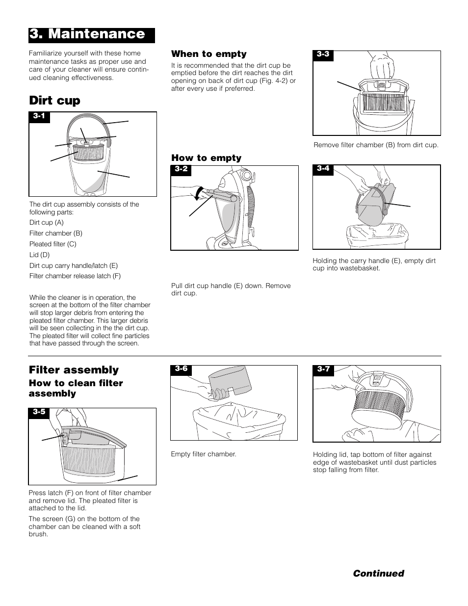 Maintenance, Dirt cup, Filter assembly | Hoover FoldAwayTM Upright User Manual | Page 7 / 14