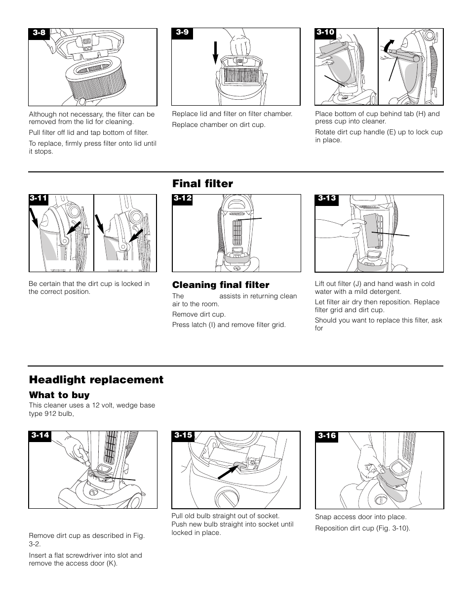 Final filter, Headlight replacement | Hoover FoldAwayTM Upright User Manual | Page 8 / 14