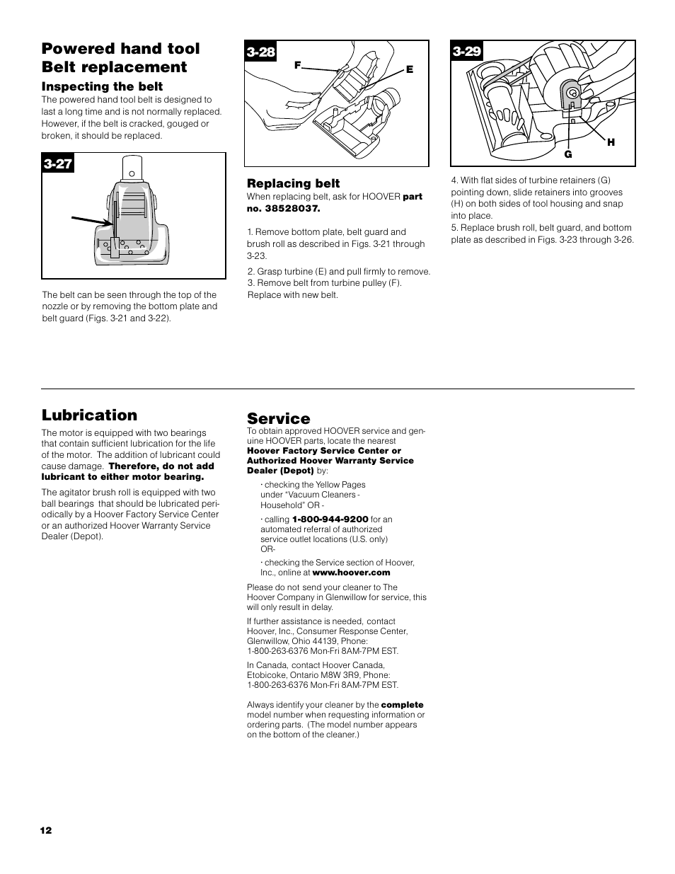 Service, Lubrication, Powered hand tool belt replacement | Inspecting the belt, Replacing belt | Hoover S3670 User Manual | Page 12 / 29