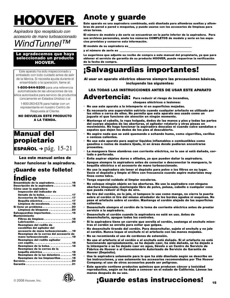 Hoover, Windtunnel, Salvaguardias importantes | Manual del propietario, Advertencia, Guarde estas instrucciones, Índice, Pág. 15-21, Guarde este folleto, Español | Hoover S3670 User Manual | Page 15 / 29