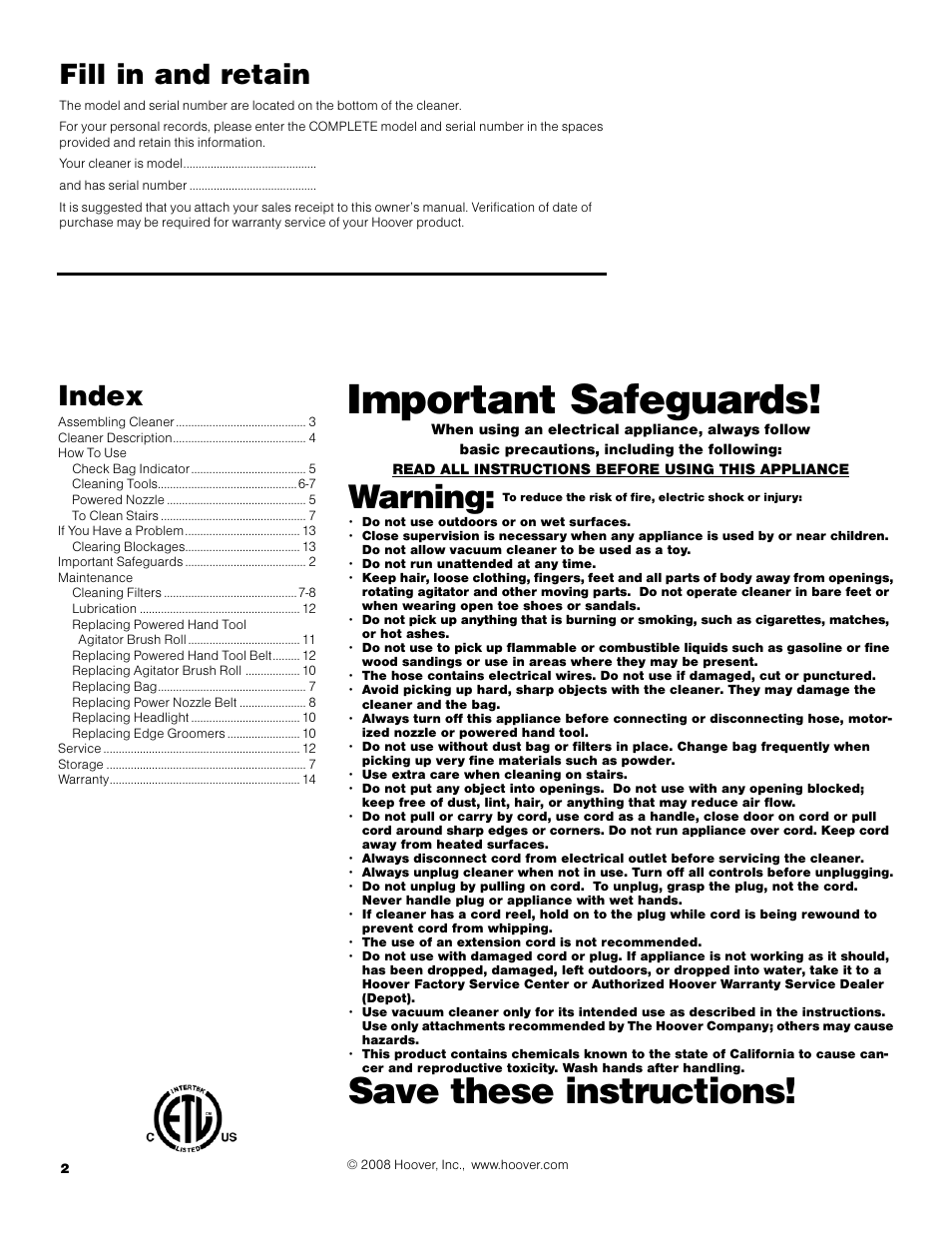 Important safeguards, Save these instructions, Warning | Fill in and retain, Index | Hoover S3670 User Manual | Page 2 / 29