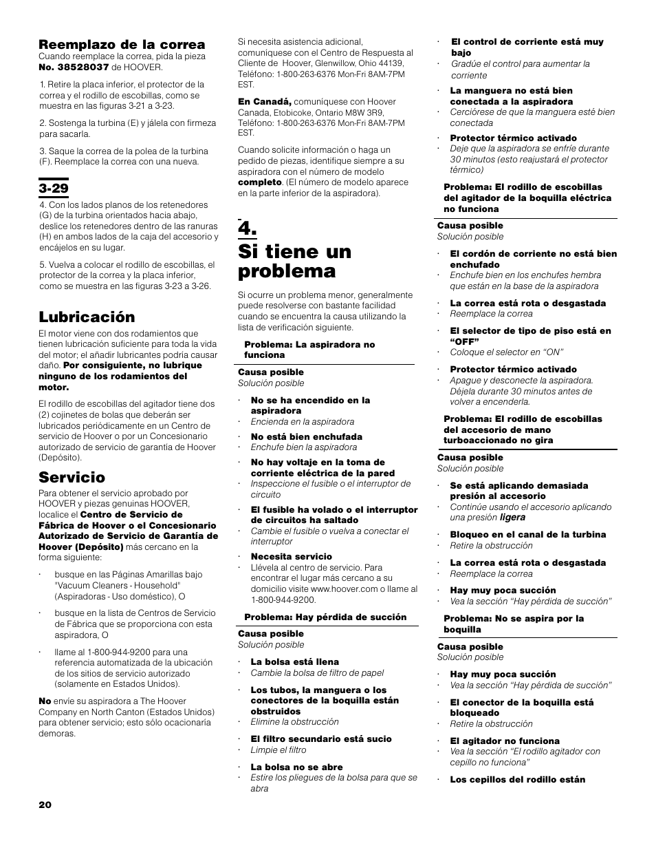 Si tiene un problema, Lubricación, Servicio | Reemplazo de la correa | Hoover S3670 User Manual | Page 20 / 29