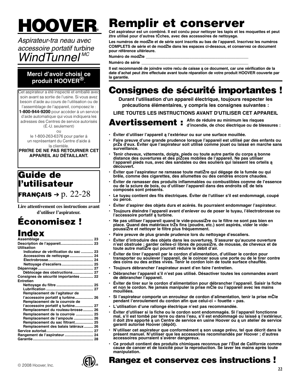 Hoover, Windtunnel, Remplir et conserver | Consignes de sécurité importantes, Guide de l’utilisateur, P. 22-28, Avertissement, Économisez ! index, Rangez et conservez ces instructions | Hoover S3670 User Manual | Page 22 / 29