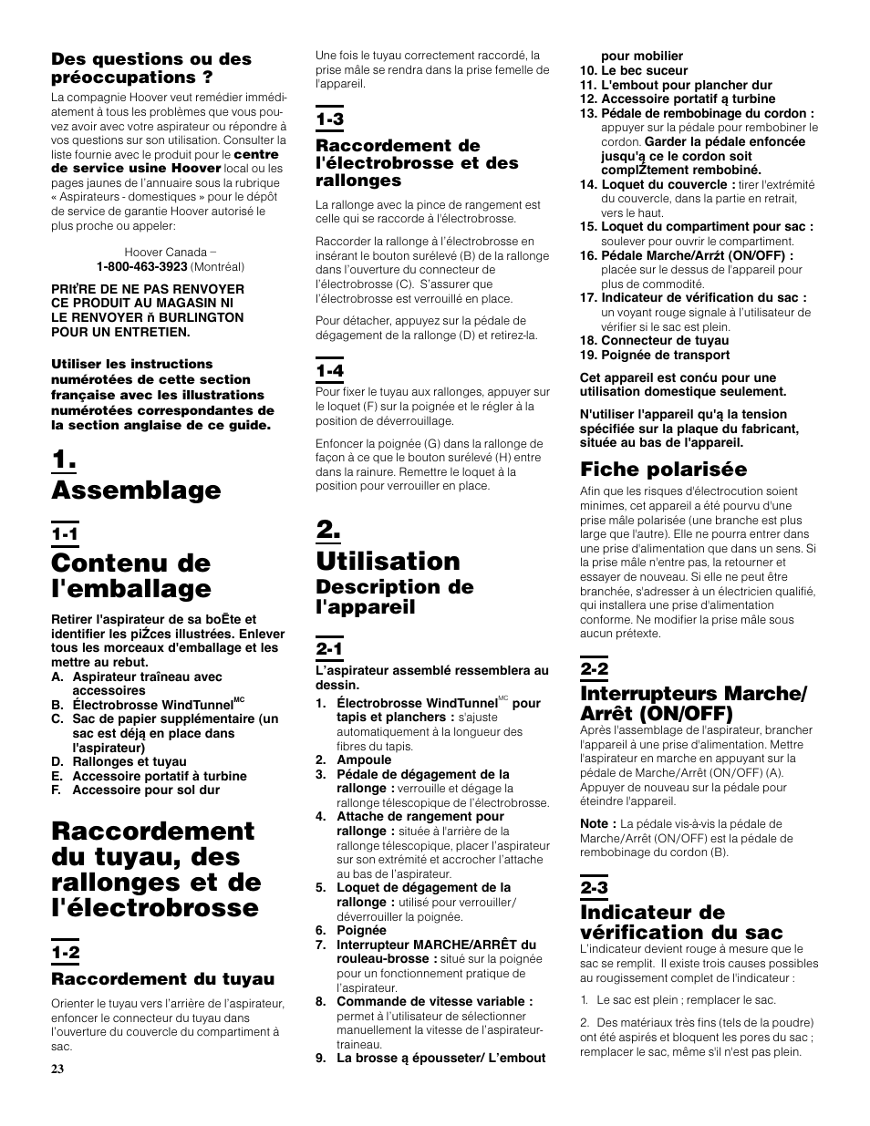 Utilisation, Assemblage, Contenu de l'emballage | Description de l'appareil, Fiche polarisée, Interrupteurs marche/ arrêt (on/off), Indicateur de vérification du sac | Hoover S3670 User Manual | Page 23 / 29