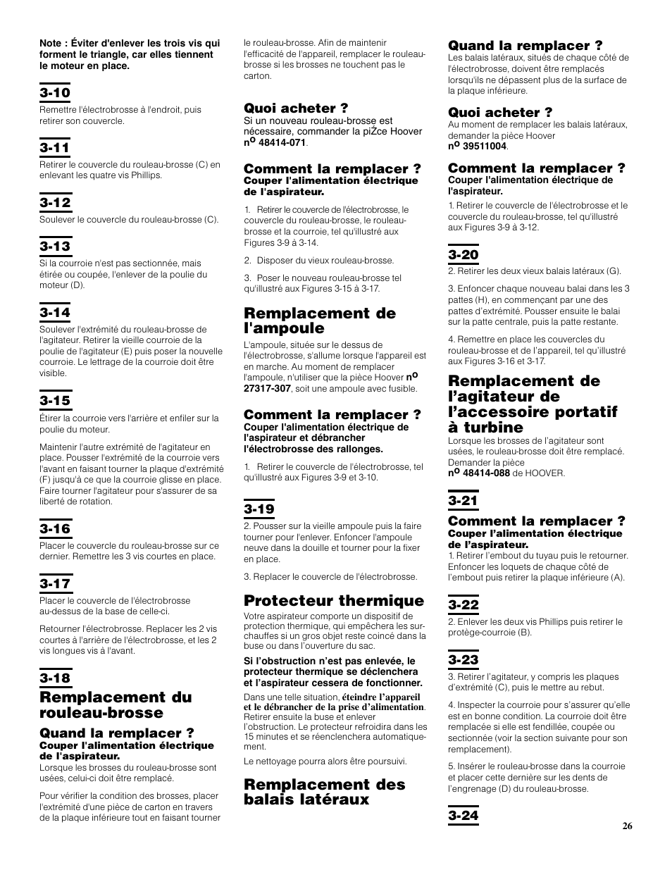 Remplacement du rouleau-brosse, Remplacement de l'ampoule, Protecteur thermique | Remplacement des balais latéraux | Hoover S3670 User Manual | Page 26 / 29