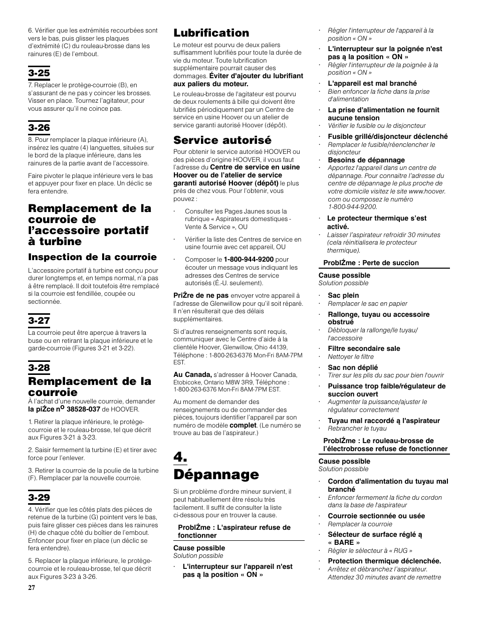 Dépannage, Lubrification, Service autorisé | Remplacement de la courroie | Hoover S3670 User Manual | Page 27 / 29