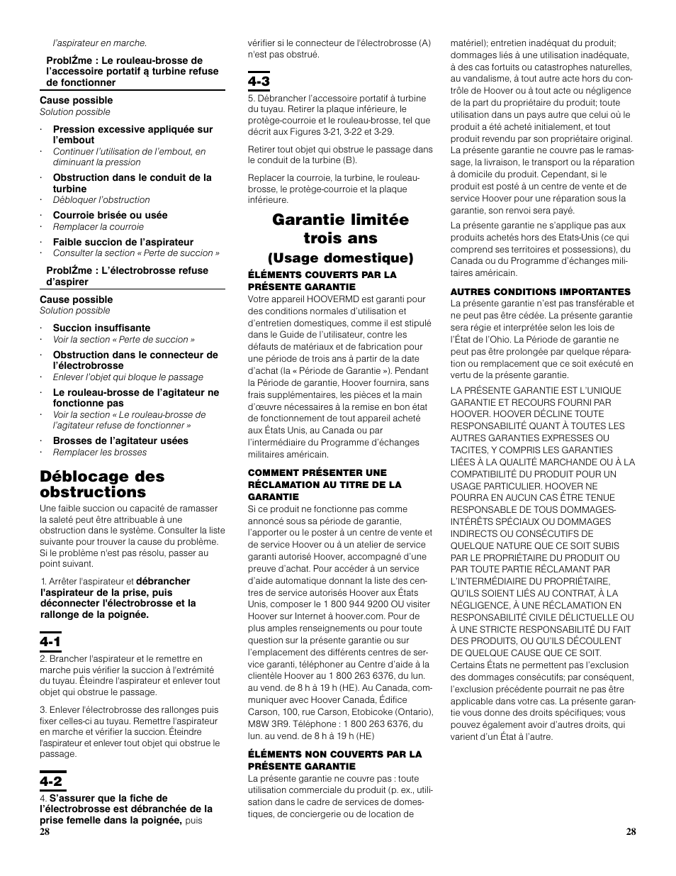 Garantie limitée trois ans, Déblocage des obstructions, Usage domestique) | Hoover S3670 User Manual | Page 28 / 29