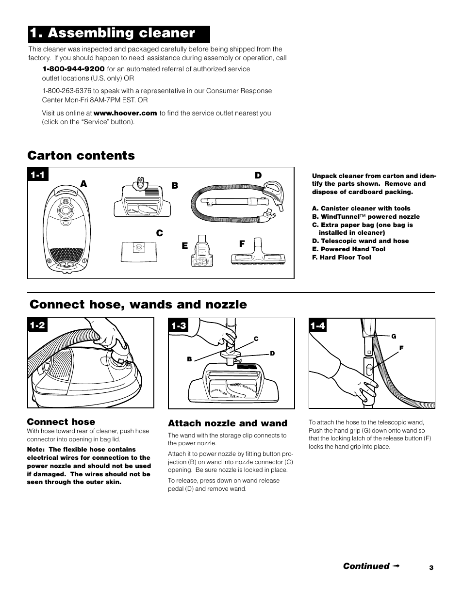 Assembling cleaner, Carton contents connect hose, wands and nozzle | Hoover S3670 User Manual | Page 3 / 29