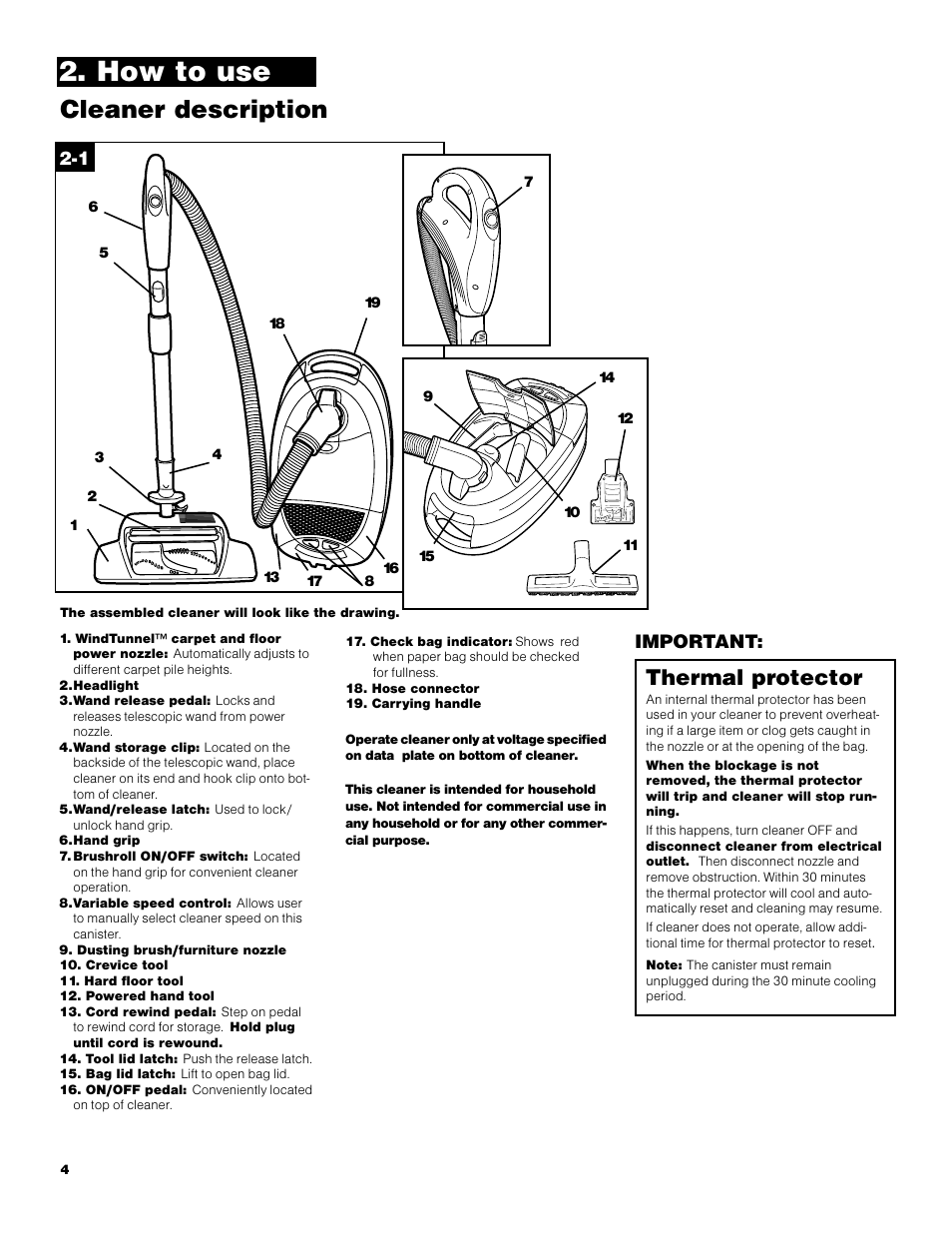 How to use, Cleaner description, Thermal protector | Hoover S3670 User Manual | Page 4 / 29