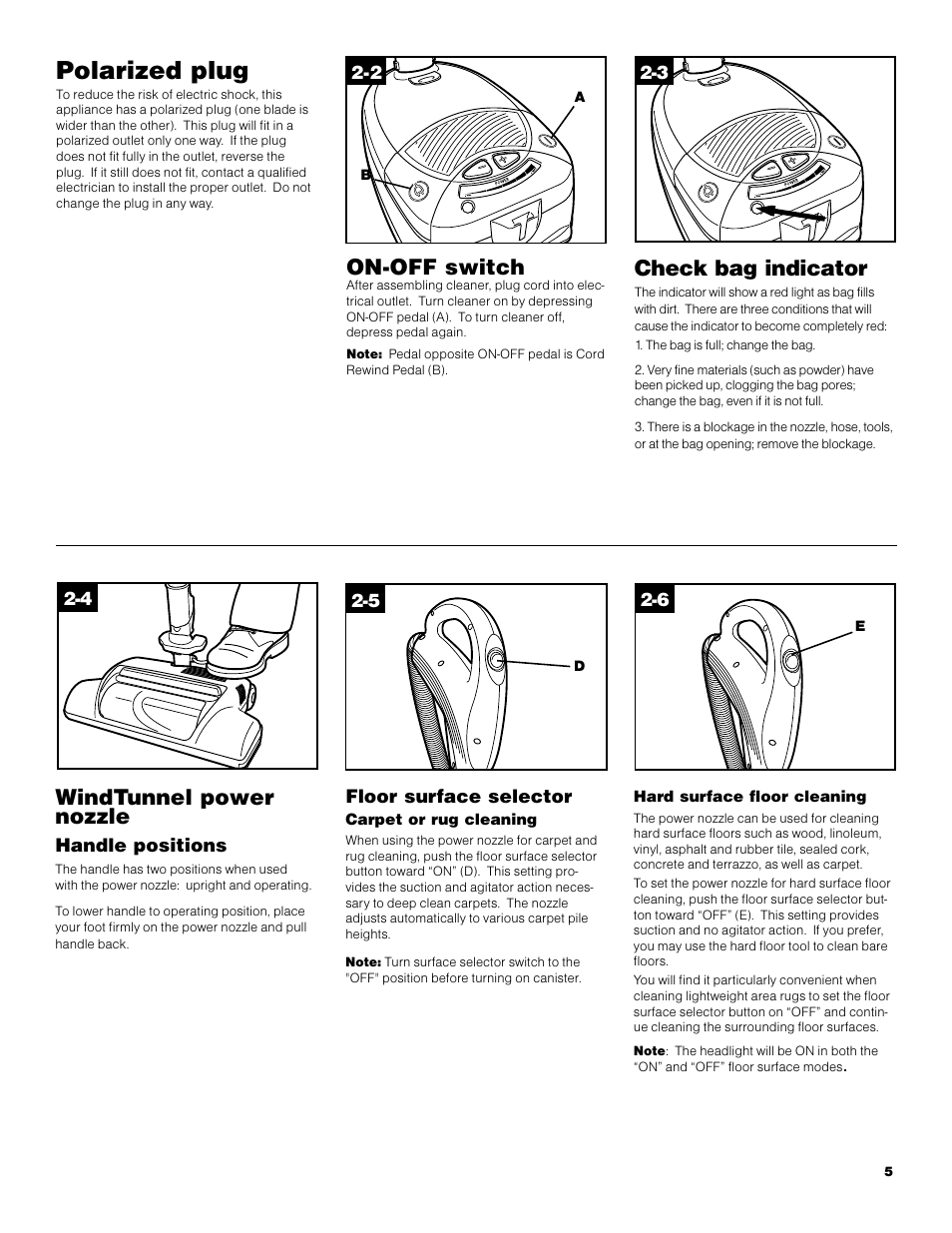 Polarized plug, Windtunnel power nozzle, Check bag indicator | On-off switch | Hoover S3670 User Manual | Page 5 / 29