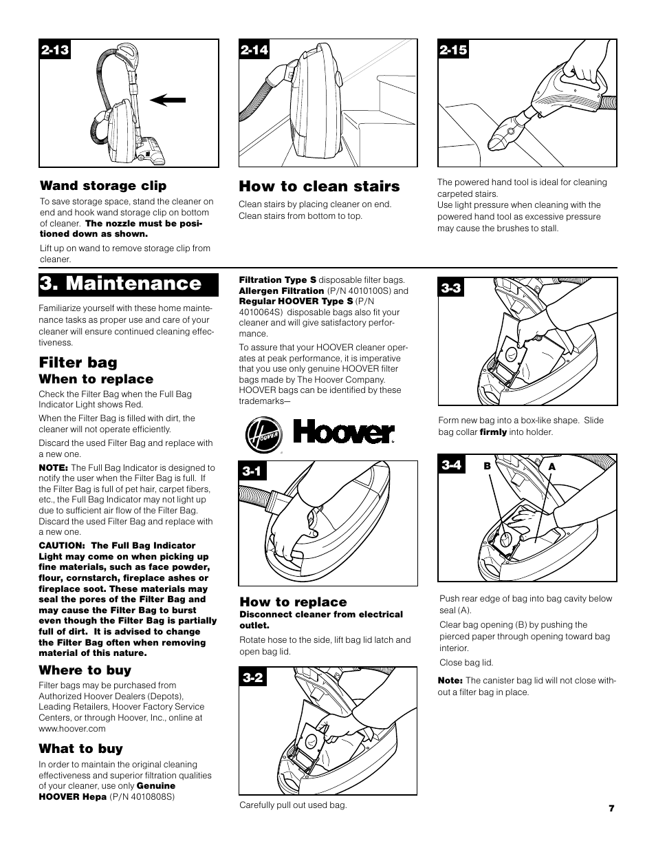 Maintenance, How to clean stairs, Filter bag | Hoover S3670 User Manual | Page 7 / 29