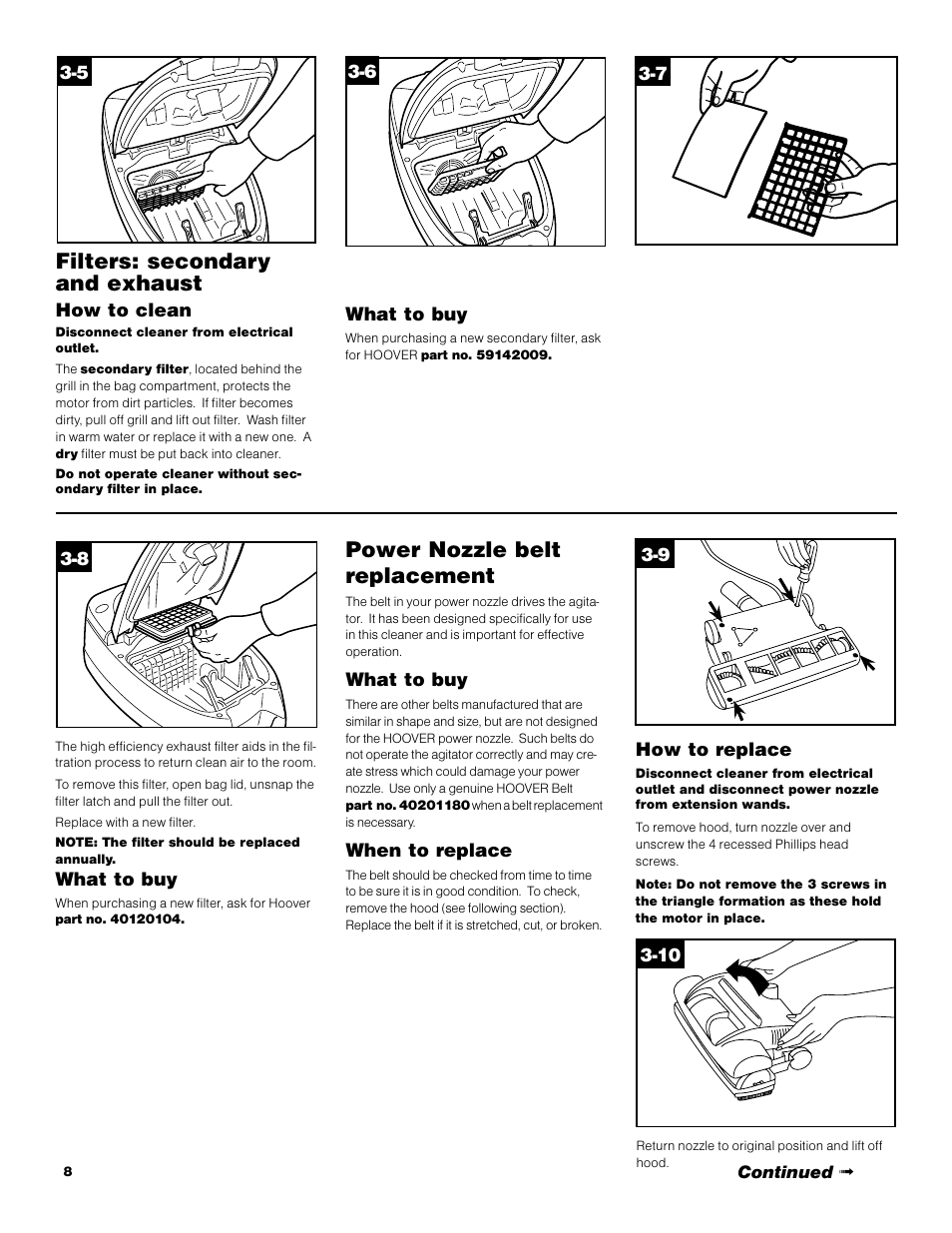 Filters: secondary and exhaust, Power nozzle belt replacement | Hoover S3670 User Manual | Page 8 / 29