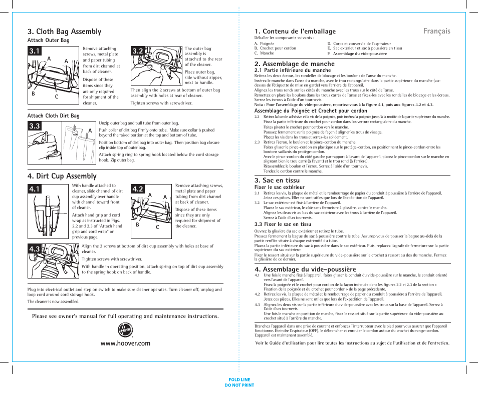 Français, Cloth bag assembly 4. dirt cup assembly | Hoover C1810010 User Manual | Page 2 / 2