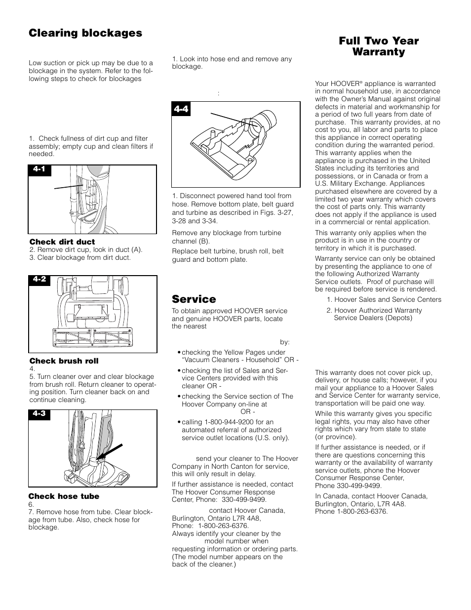 Service, Clearing blockages, Full two year warranty (domestic use) | Hoover SAVVY Turbo POWER Upright Vacuum Cleaner User Manual | Page 13 / 13