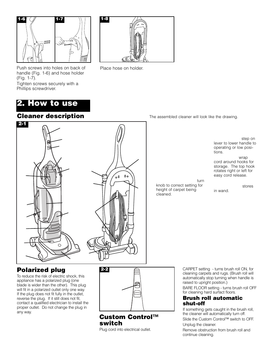 How to use, Cleaner description, Polarized plug | Custom control™ switch | Hoover SAVVY Turbo POWER Upright Vacuum Cleaner User Manual | Page 4 / 13