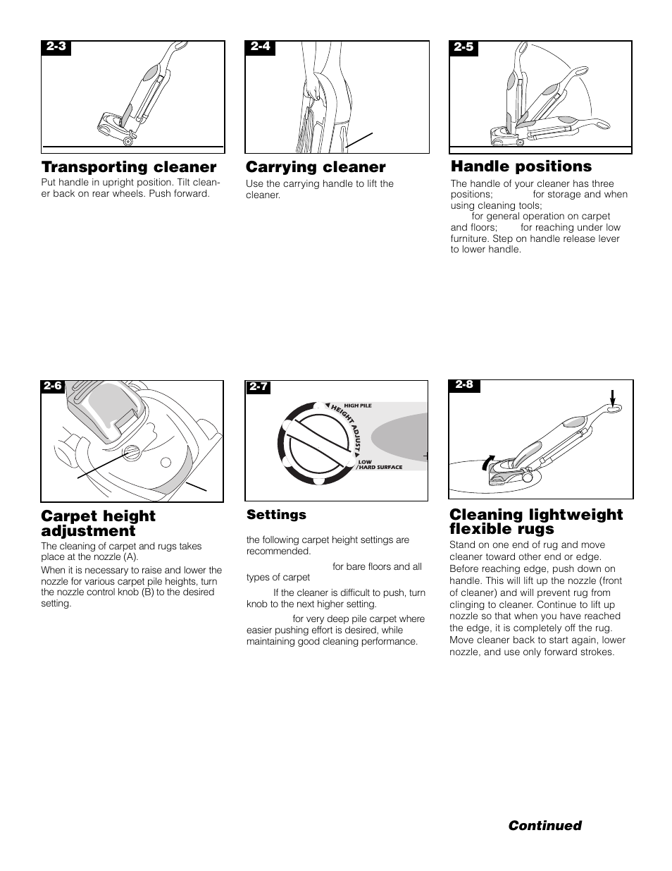 Carrying cleaner, Handle positions, Transporting cleaner | Carpet height adjustment, Cleaning lightweight flexible rugs | Hoover SAVVY Turbo POWER Upright Vacuum Cleaner User Manual | Page 5 / 13