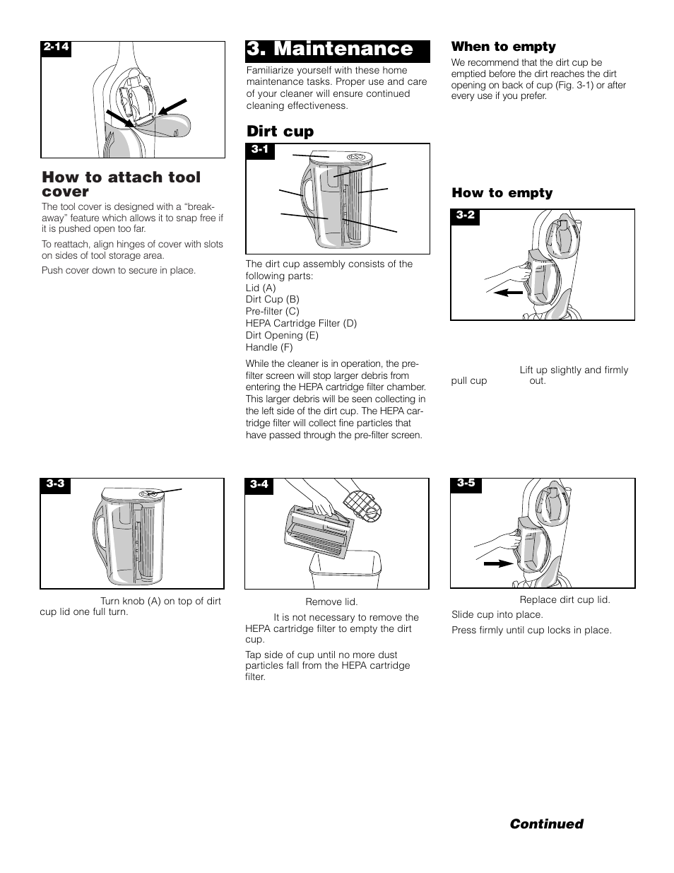 Maintenance, How to attach tool cover, Dirt cup | Hoover SAVVY Turbo POWER Upright Vacuum Cleaner User Manual | Page 7 / 13