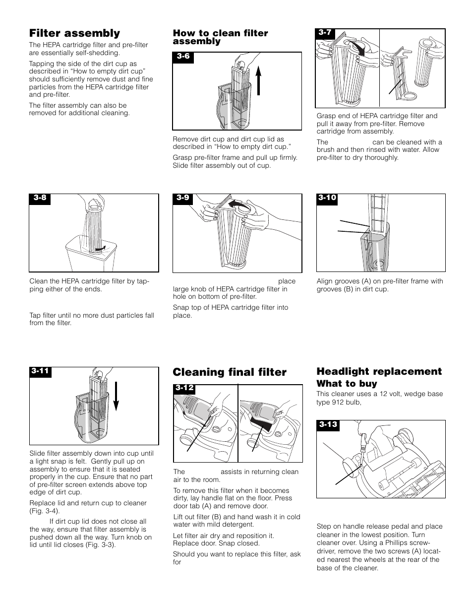 Filter assembly, Cleaning final filter, Headlight replacement | Hoover SAVVY Turbo POWER Upright Vacuum Cleaner User Manual | Page 8 / 13