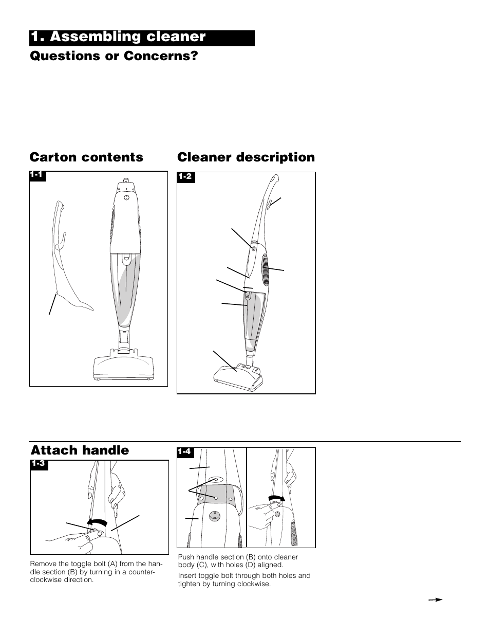 Assembling cleaner, Questions or concerns, Attach handle carton contents cleaner description | Hoover cleaner User Manual | Page 3 / 7