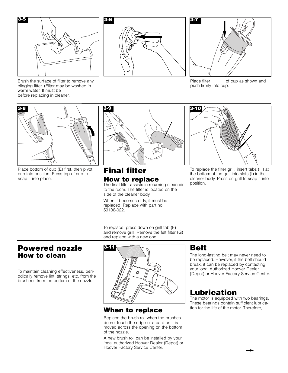 Final filter, Powered nozzle, Belt | Lubrication, How to replace, How to clean, When to replace | Hoover cleaner User Manual | Page 5 / 7