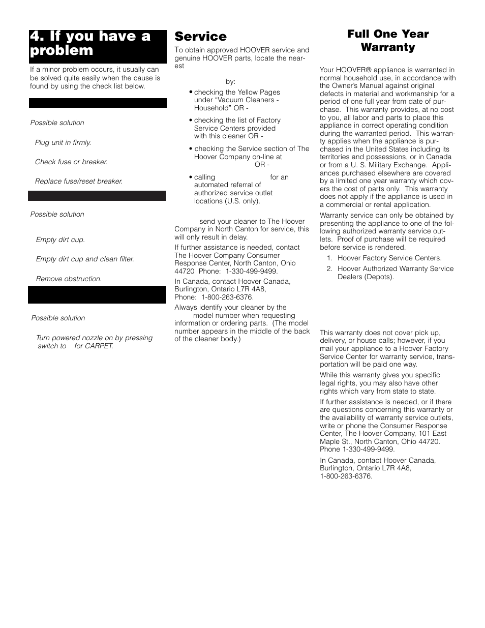 If you have a problem, Service, Full one year warranty | Hoover cleaner User Manual | Page 6 / 7
