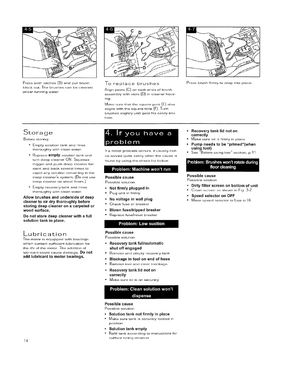 Problem: machine won’t run, Problem: low suction, Problem: clean solution won’t dispense | Problem: bmshes won’t rotate during floor cleaning | Hoover 56518114 User Manual | Page 14 / 15