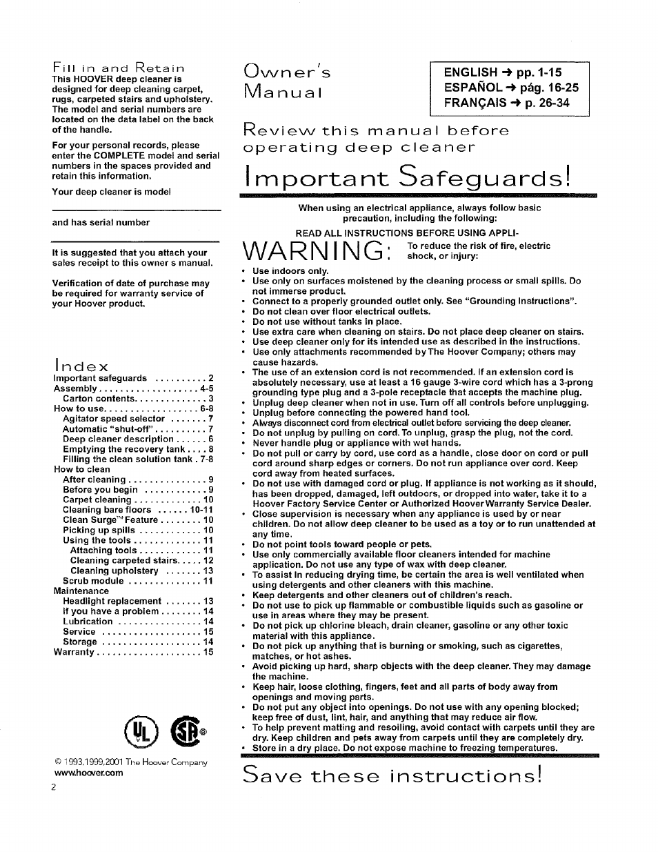 Warning, Important safeguards, Save these instructions | Own er's manual | Hoover 56518114 User Manual | Page 2 / 15